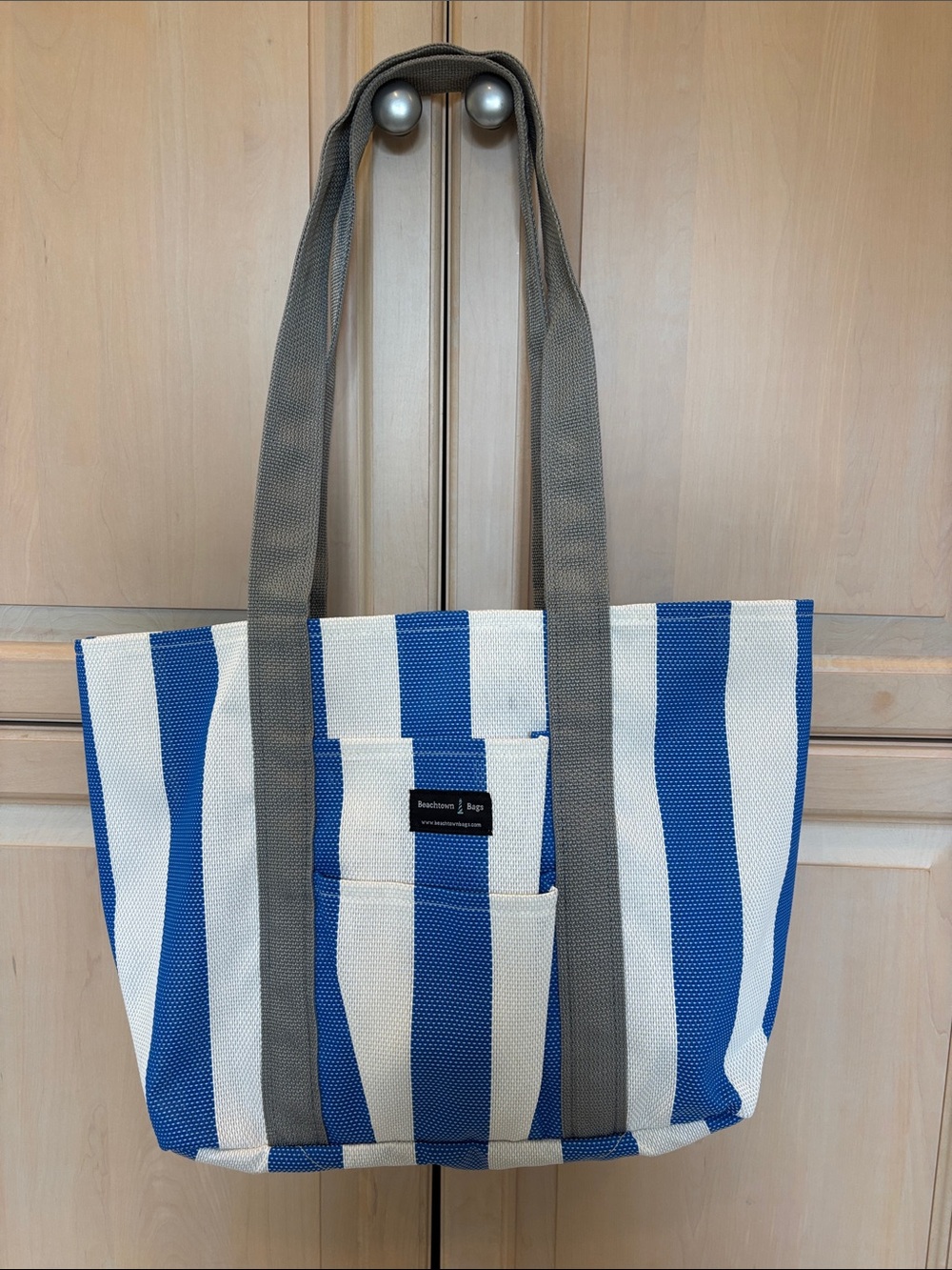 Beachtown Blue & White Stripe Tote Bag with Gray Straps